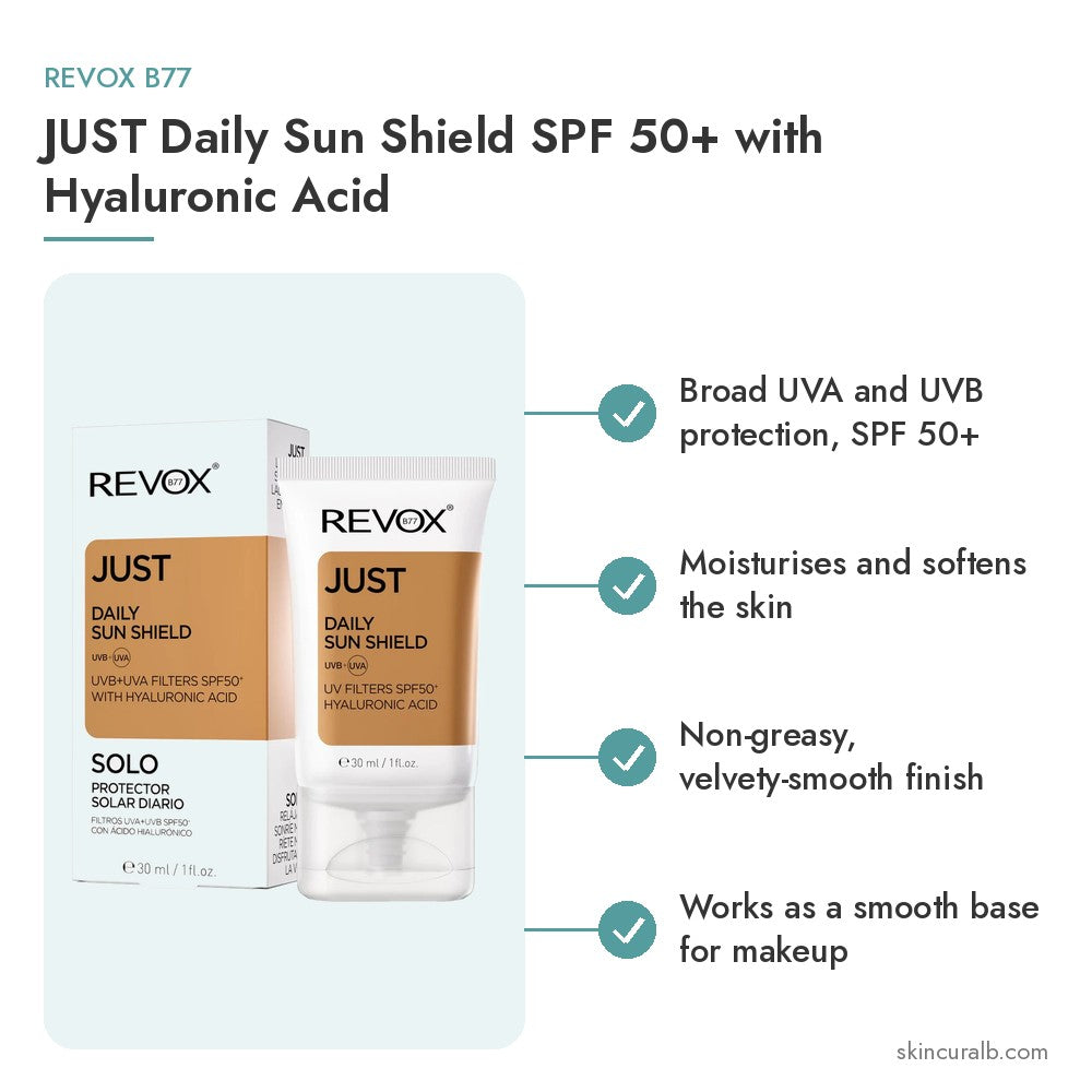 Revox B77 JUST Daily Sun Shield SPF 50+ with Hyaluronic Acid - key benefits