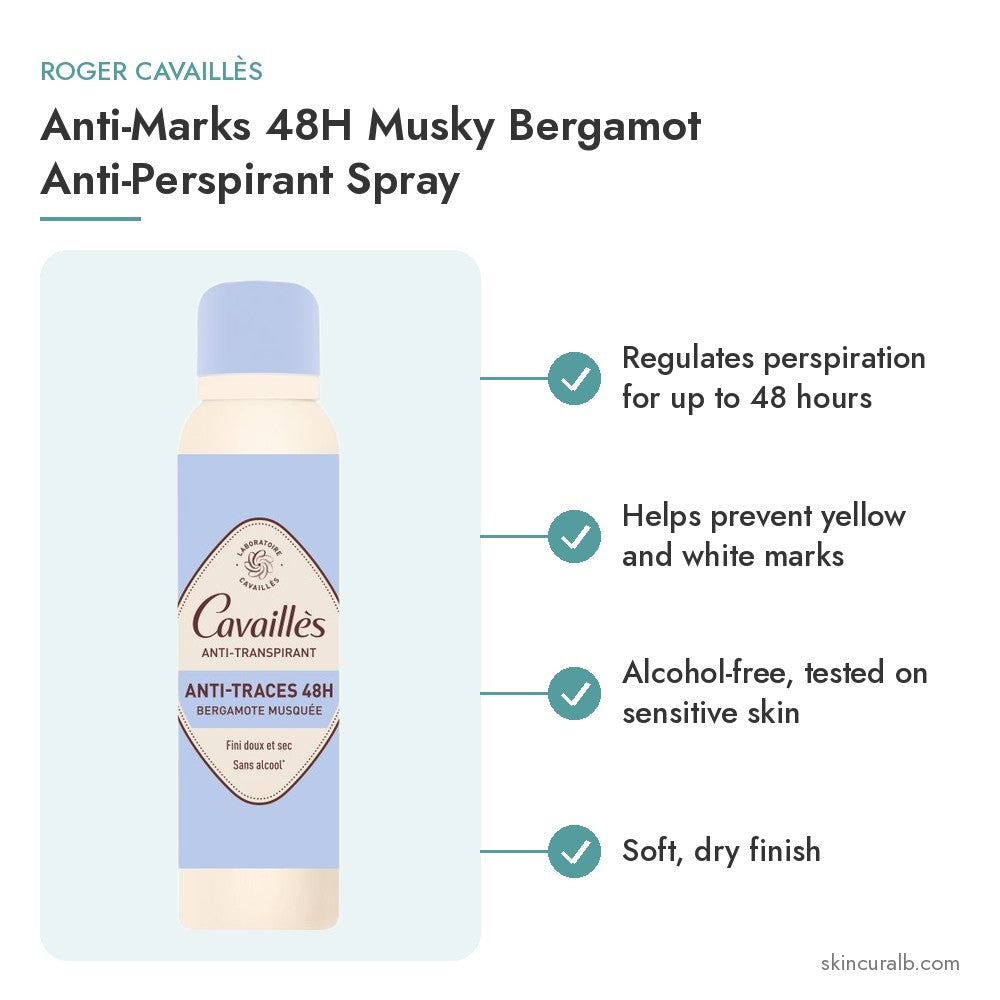 Roger Cavaillès Anti-Marks 48H Musky Bergamot Anti-Perspirant Spray - key benefits